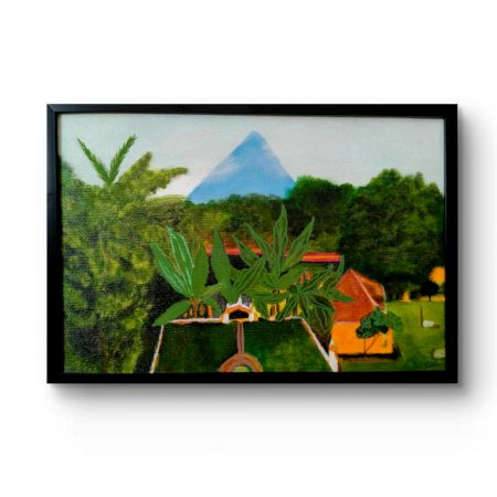 Handpainted Tropical Garden View with Distant Blue Mountain