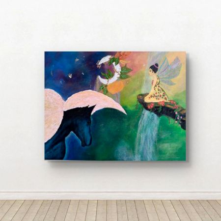 Handpainted Whimsical Fairy with Pegasus in Enchanted Scene
