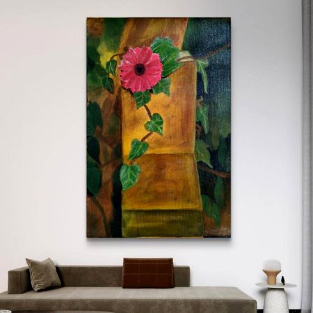 Handpainted Single Pink Blossom Climbing Rustic Pillar