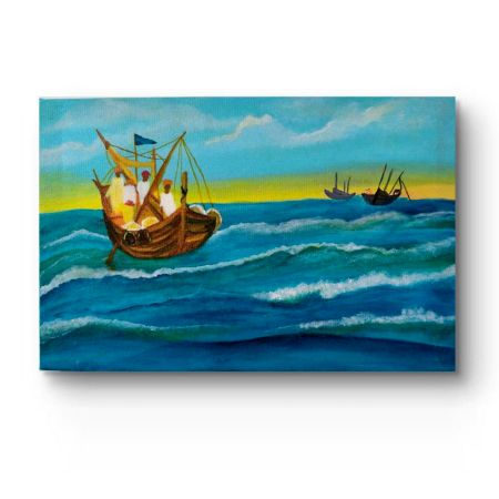 Handpainted Wooden Sailing Ship Riding Vibrant Ocean Waves