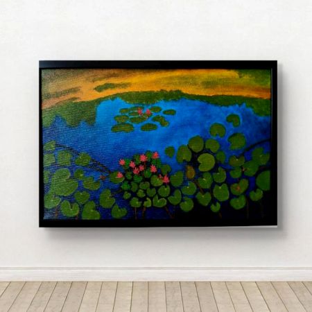 Handpainted Tranquil Lily Pond with Blooming Water Lilies