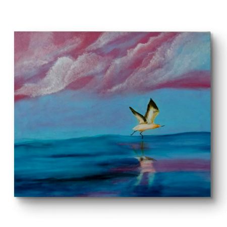 Handpainted Seabird Skimming Serene Ocean Under Pink Clouds