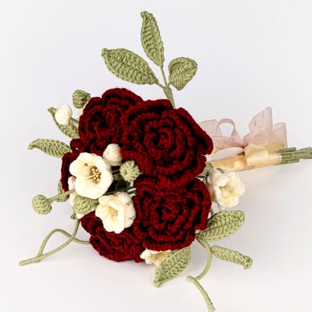 Deep Red Crochet Rose Corsage With Blossoms
