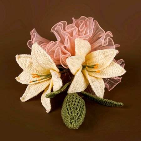 Elegant Cream Crochet Lilies With Pink Tulle