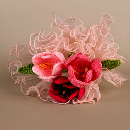 Trio of Crochet Tulips Ruffled Lace With Frilly Tulle