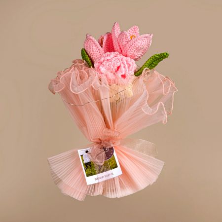 Soft Pink Crochet Tulip Bouquet With Tulle