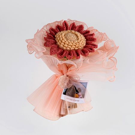 Wine Red Crochet Sunflower Wrapped In Peach Tulle