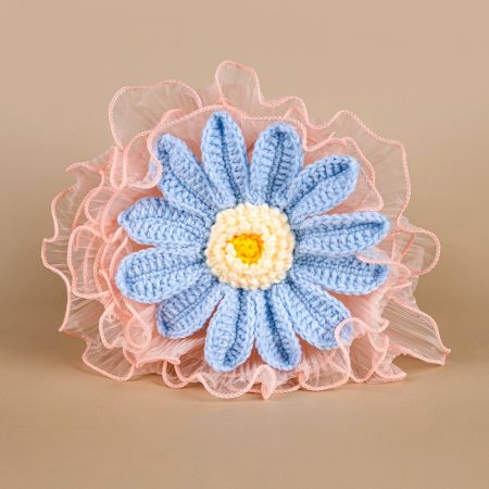 Baby Blue Crochet Daisy On Pink Mesh With Ivory Accent