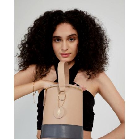 Chic Beige Bual Shade Cylinder Bucket Bag Artisanal Allure