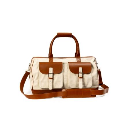 Vintage Beige And Brown Vegan Leather Duffle Bag