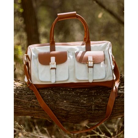 Vintage Beige And Brown Vegan Leather Duffle Bag