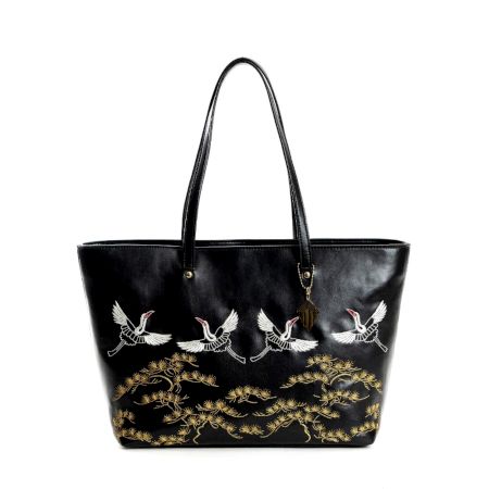 Black Tote Adorned With Golden Floral Bird Embroidery
