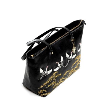 Black Tote Adorned With Golden Floral Bird Embroidery