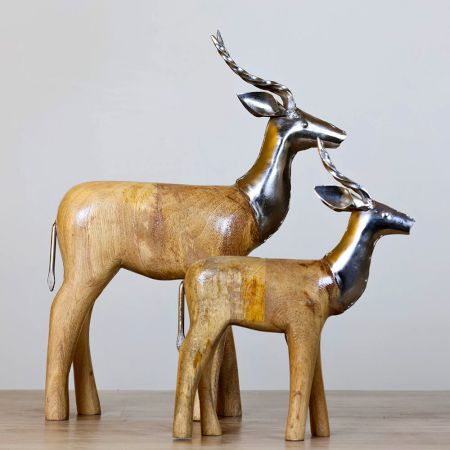 Wooden Metal Deer Sculpture Painted Natural Pair Of 2
