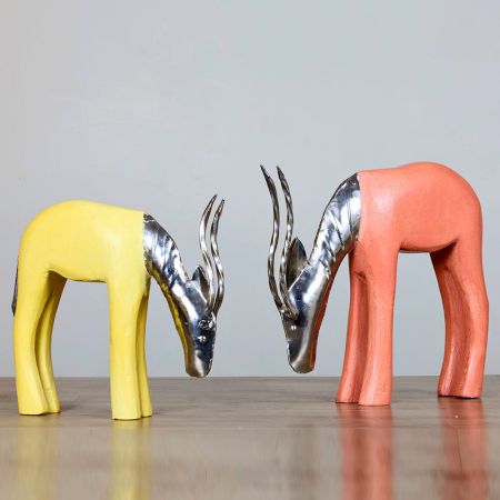 Boho Antelope Sculpture Wood Metal African Artwork Pair of 2