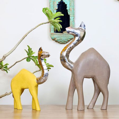 Carved Camel Figurines Rustic Desert Home Decor Pair of 2