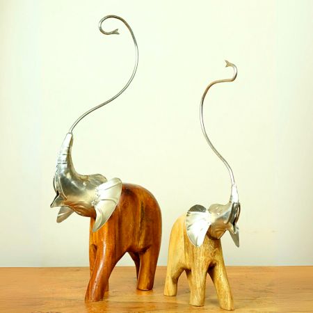 Hand Carved Wooden Elephant Pair Boho Statue Pair Of 2