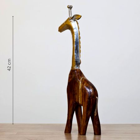 Handcrafted Mango Wood Giraffe Figurine Metal Decor