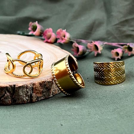 18K Gold Plated Statement Three Piece Ring Set