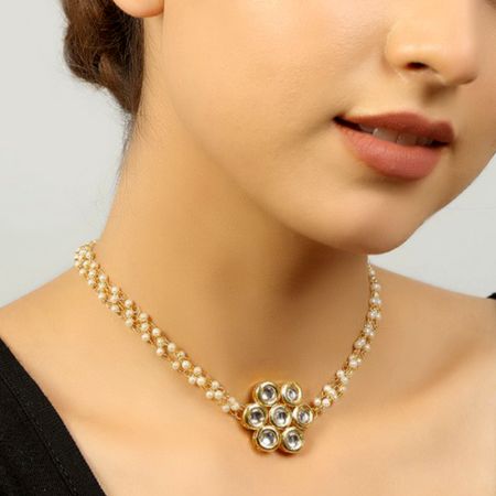 Kundan Stone & Pearl Choker Necklace with Floral Motif