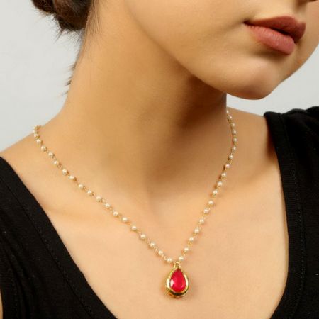 Red Tear Drop Pendant Necklace with Pearl Chain Gold Tone