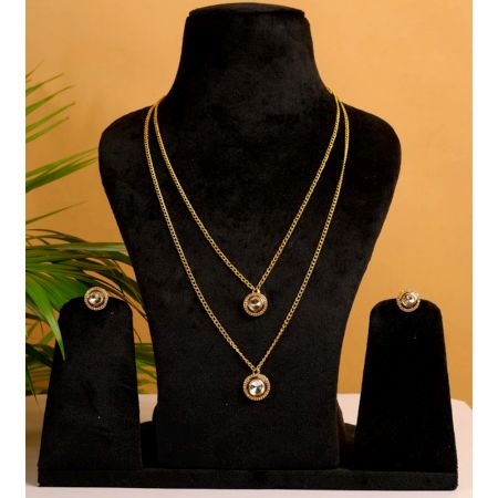 Gold Tone Layered Necklace and Stud Earring Set with Halo Pendants