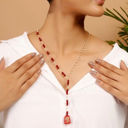 Red and Pearl Beaded Y Necklace with Kundan Bell Pendant