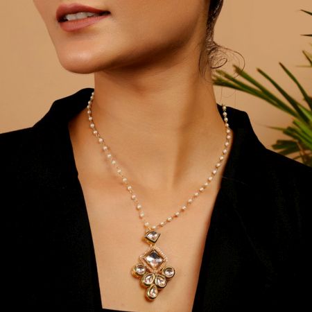 Pearl Chain Necklace with Geometric Kundan Drop Pendant