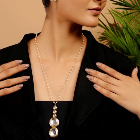 Pearl Chain Necklace & Earring Set with Kundan Cluster Pendant