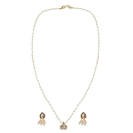 Pearl Chain Necklace & Earring Set with Teardrop Kundan Pendant