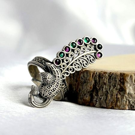 Sterling Silver Peacock Cocktail Adjustable Statement Ring