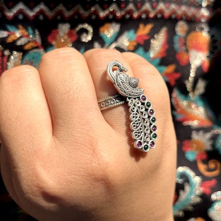Sterling Silver Peacock Cocktail Adjustable Statement Ring