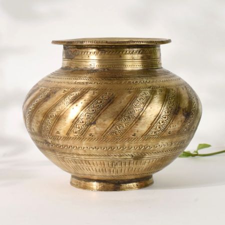 Handmade Brass Holy Water Pot South Indian Traditional Vessel with Carving