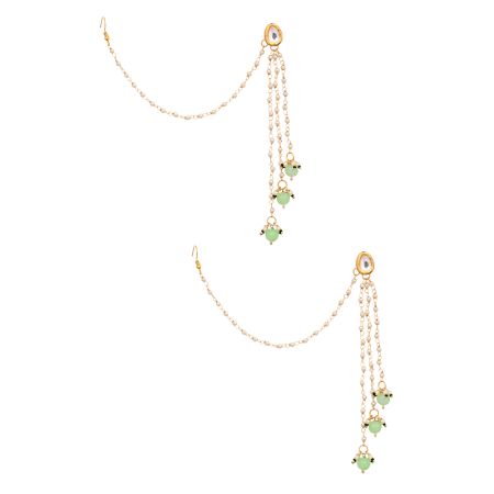 Kundan Green Beads Pearl Ear Chain Earrings Pair