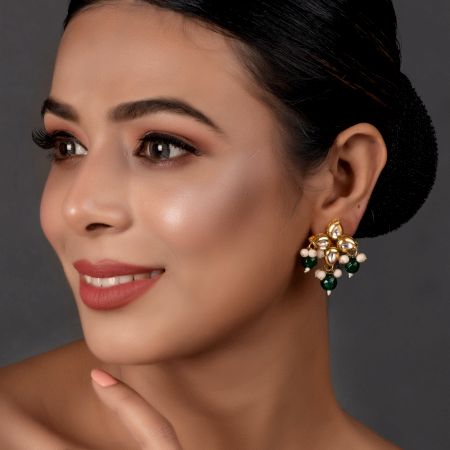 Floral Teardrop Cluster Earrings Pair with Green & Peach Beads