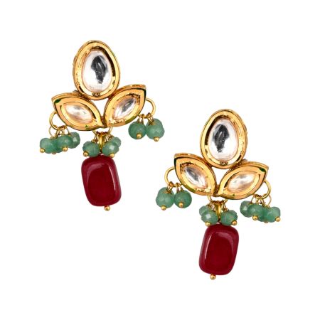 Mirror Trio Red Stone Drop Earrings with Green Beads Pair