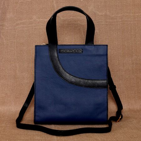 Compact Navy Charcoal Leather Handbag Zipper Closure