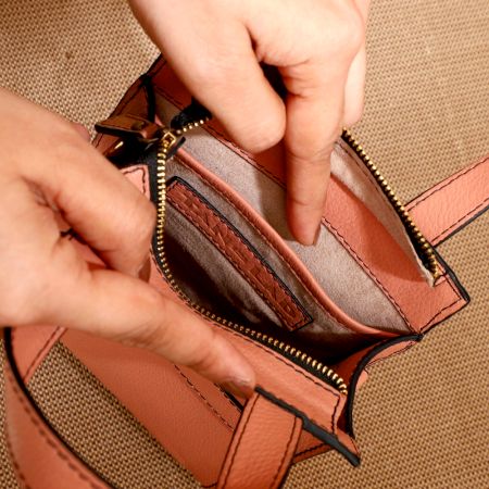 Small Blush Leather Handbag with Inner Pockets