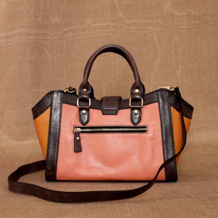 Blush Peach Black Leather Handbag with Magnetic Closure