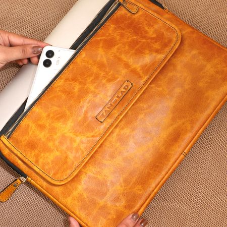 Butterscotch Leather Laptop Sleeve Two Way Zipper