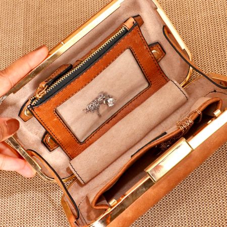 Camel Leather Jewelry Organiser Clutch Frame Clasp