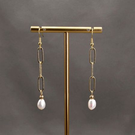 Gold Link Chain Freshwater Pearl Dangle Earrings