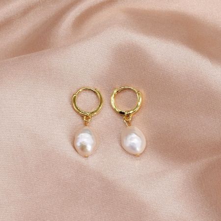 Gold Huggie Hoops with Baroque Pearl Drops