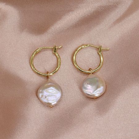 Gold Huggie Hoops with Coin Freshwater Pearl Drops Earrings