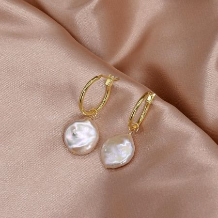 Gold Huggie Hoops with Coin Freshwater Pearl Drops Earrings