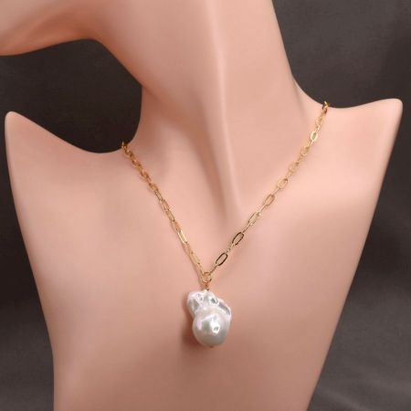Gold Plated Chain Necklace with Large Baroque Pearl Pendant