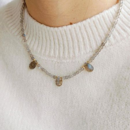 Gold Plated Labradorite Beaded Necklace with Teardrop Crystal Pendants