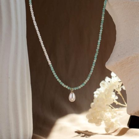 Aquamarine Beaded Necklace with Pearl Drop Pendant
