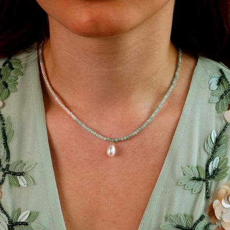 Aquamarine Beaded Necklace with Pearl Drop Pendant