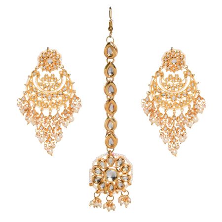Kundan Pearl Chandelier Earrings with Maang Tikka Set